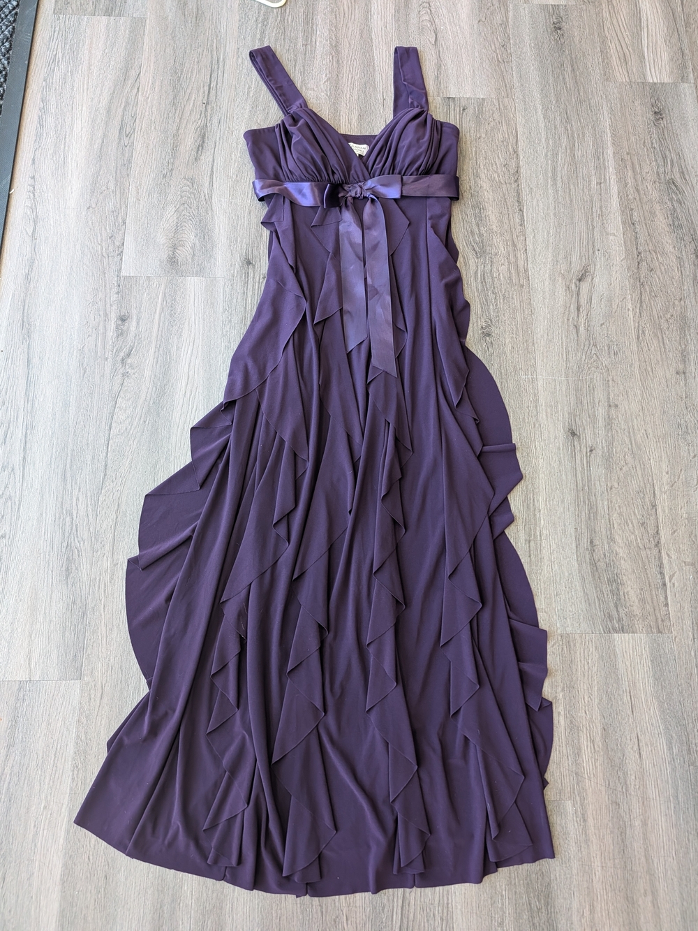 Betsy & Adam Deep Purple Ruffled Maxi Dress with Waist Sash